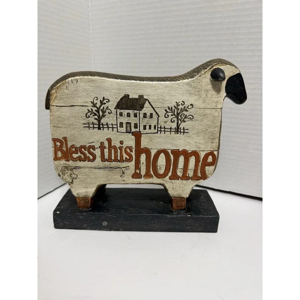Bless This Home Sheep Figurine Rustic Farmhouse Decor Wooden Sheep Shelf Sitter